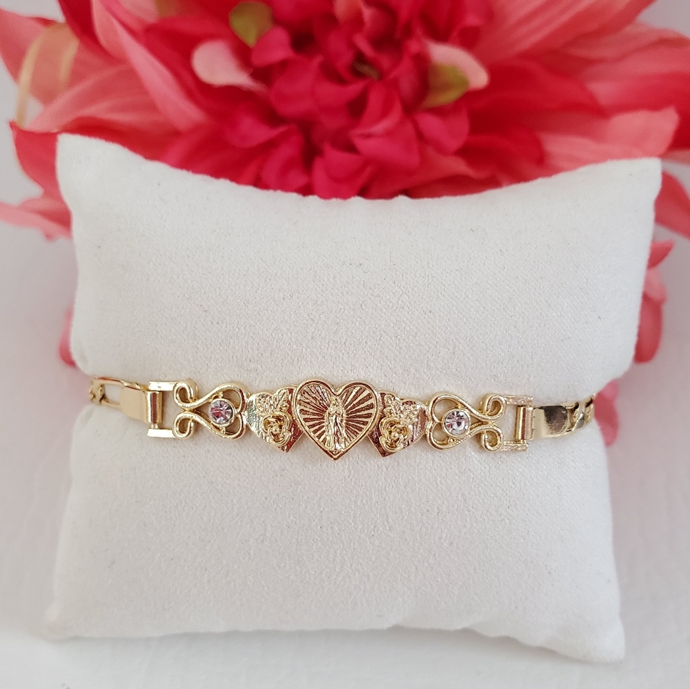 Lady of Guadalupe Heart Crystal Figaro Bracelet